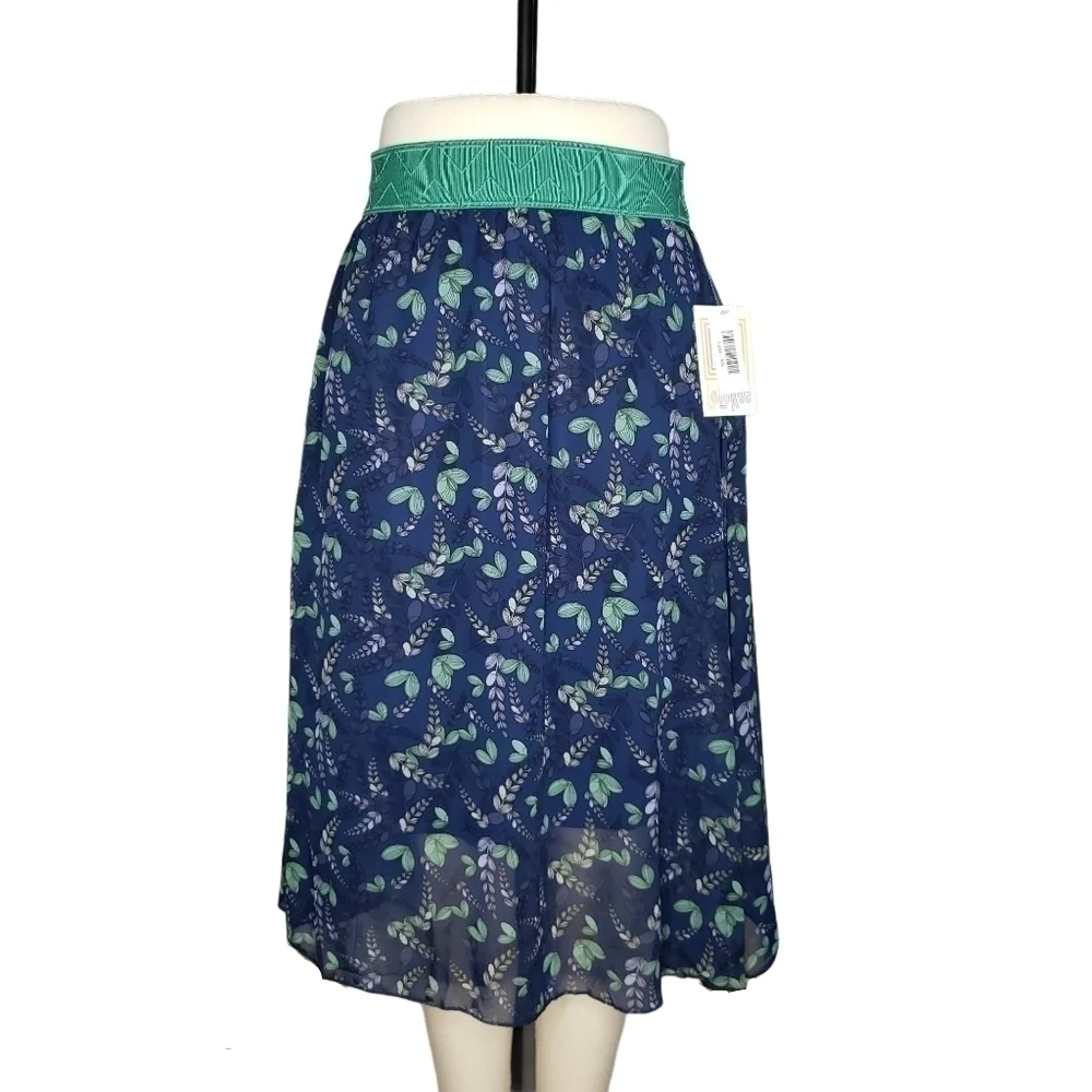 LuLaRoe Lola Skirt Navy Floral Chiffon Overlay Lined Boho A Line Midi Size XS